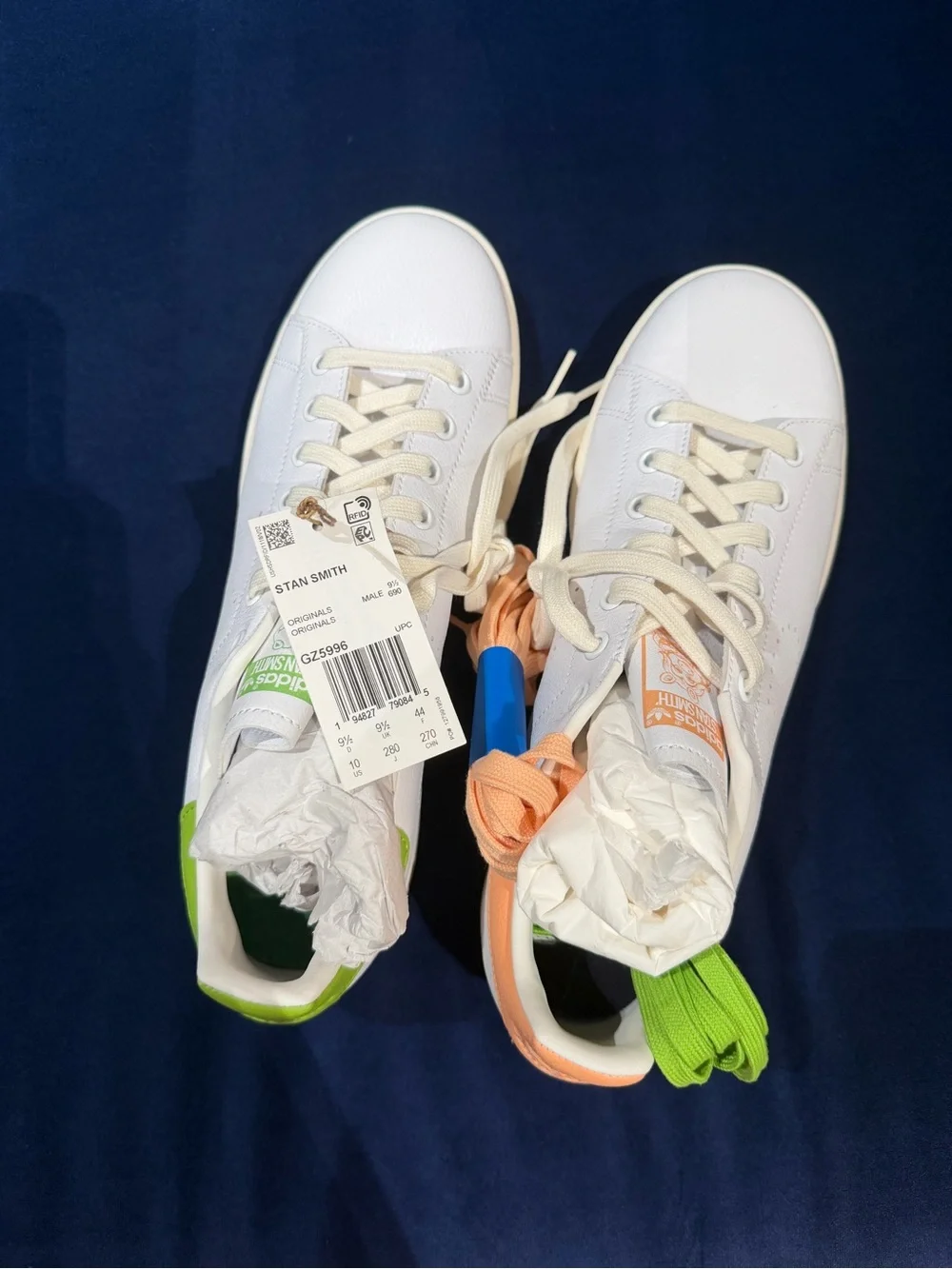 adidas White Leather Sneakers with Green & Orange Tongue Accents